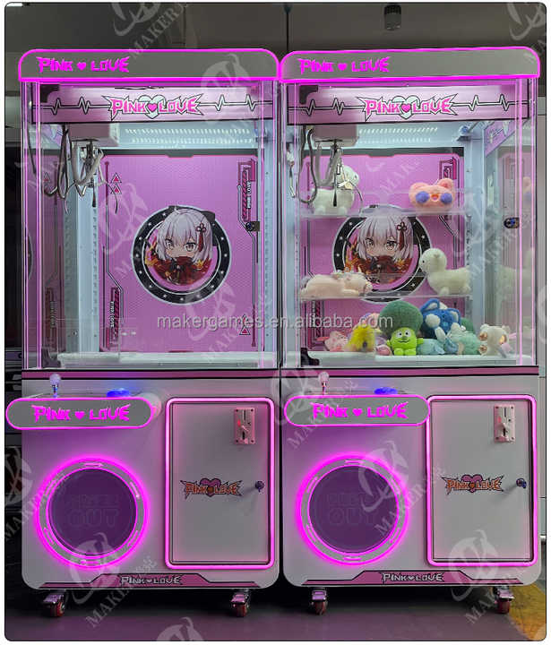 MAKER Give Away Dolls Claw Machine Grab Toy & Doll Metal Coin Operated Games Arcade Game Pink Love Doll Machine