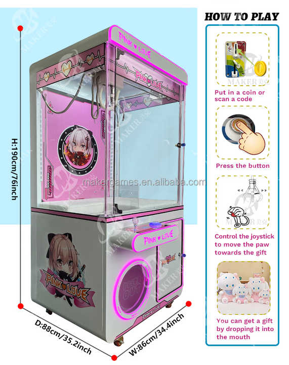 MAKER Amusement Facility Plush Toy Claw Crane Machine Prize Gift Metal Coin Operated Games Arcade Game Pink Love Doll Machine
